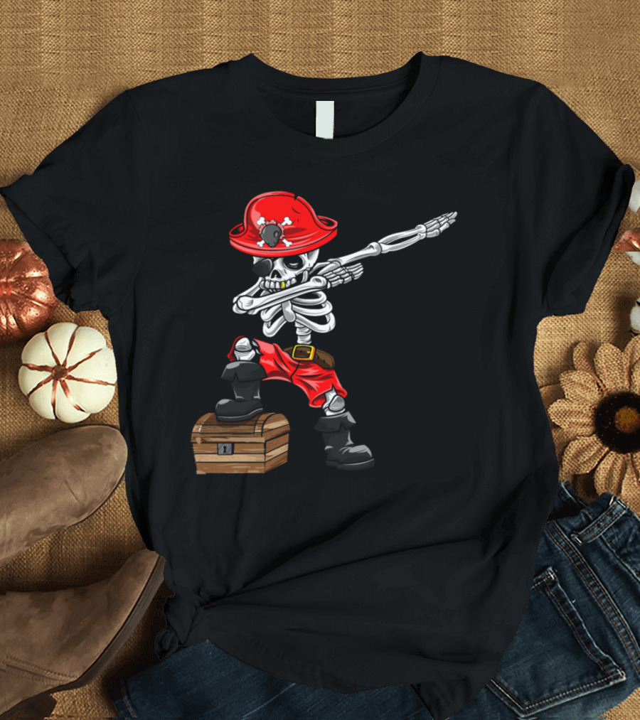 Dabbing Pirate Skeleton Boy with Treasure Chest for Pirate Birthday T-Shirt