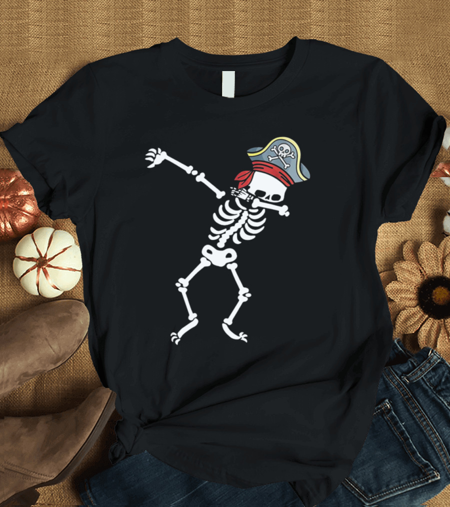 Pirate Skeleton Dabbing in Tricorn Hat with Skull and Crossbones T-Shirt