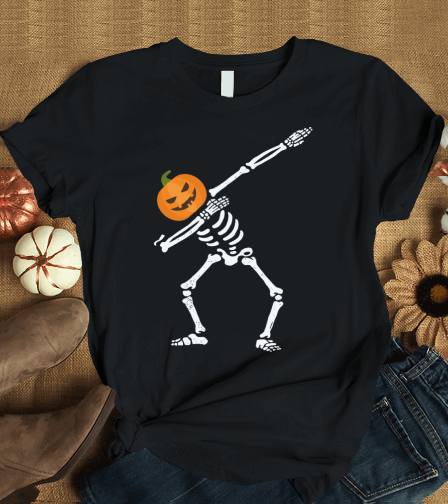 Dabbing Skeleton Pumpkin Head Halloween Dab T-Shirt