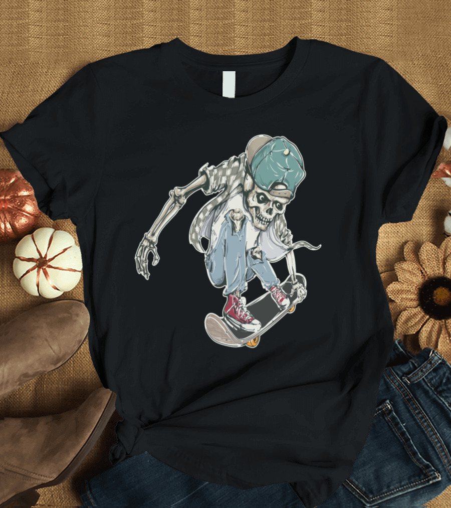Skelly Skater Skeleton in Cap and Checkered Shirt Performing Skateboard Trick T-Shirt