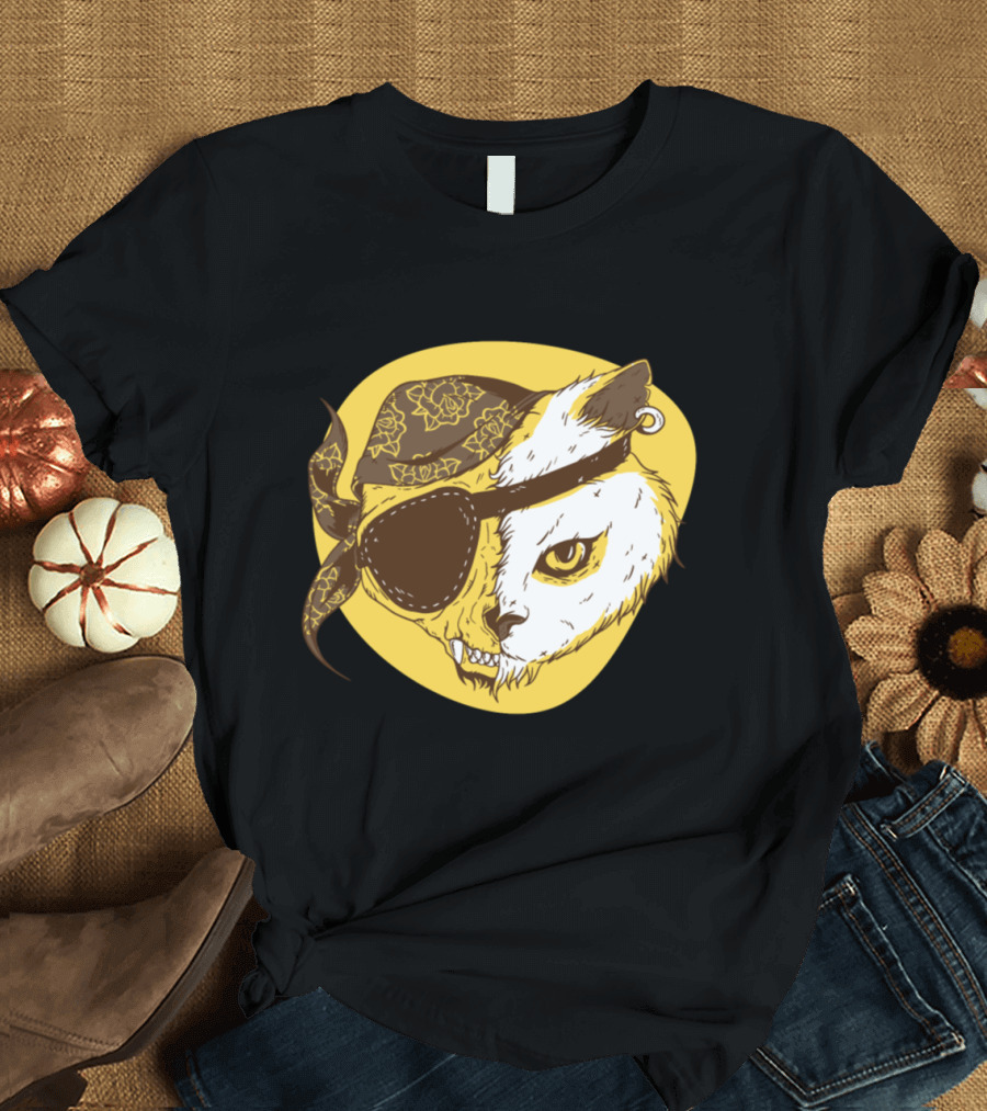 Pirate Cat with Floral Bandana and Eye Patch T-Shirt