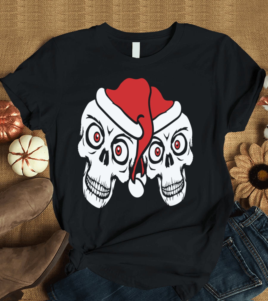 2 Friends Team Couple Skull Christmas Santa Claus Holiday Skulls T-Shirt