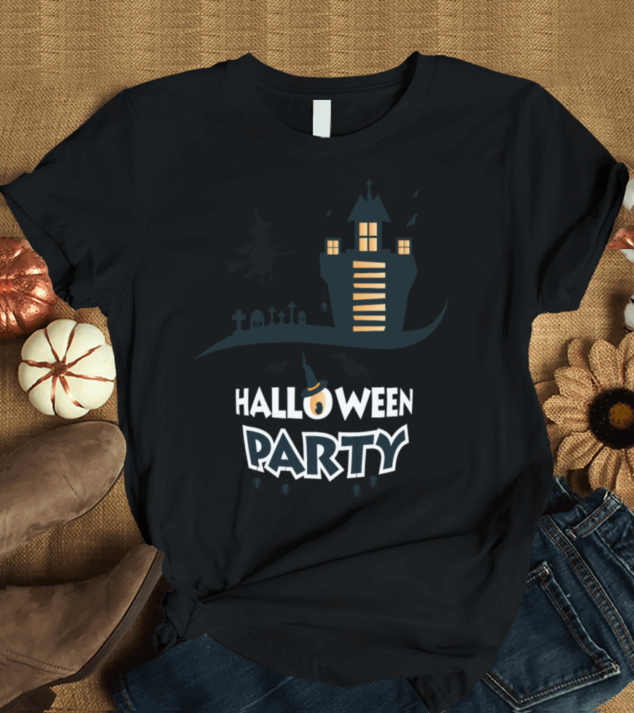 Halloween Party Witch and Haunted House with Bats T-Shirt