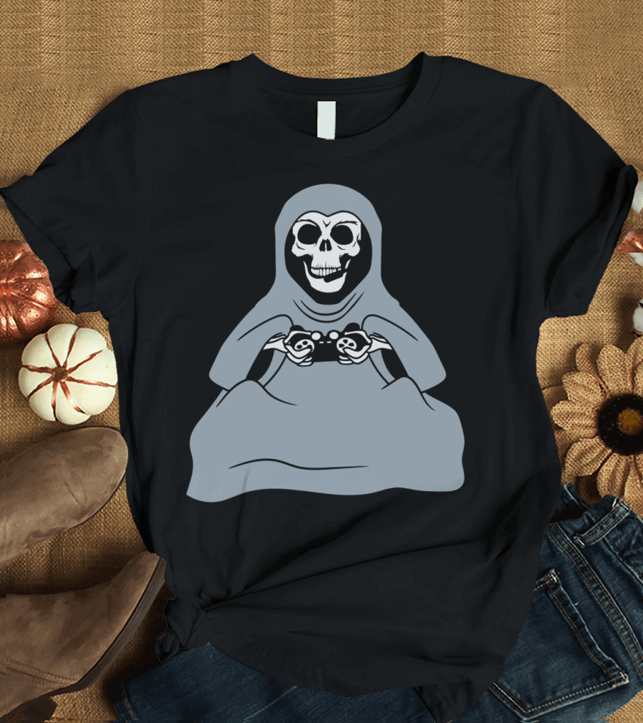 Sitting Grim Reaper Skull Gamer Headset Controller T-Shirt