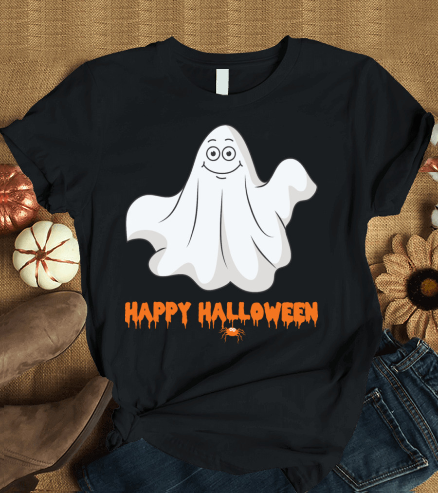 Happy Halloween Ghost with Spider Trick or Treat Zombie Horror Scary T-Shirt