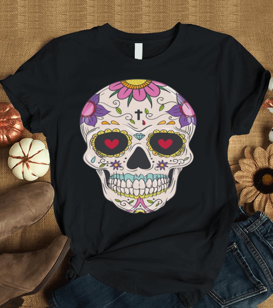 Sugar Skull Day of the Dead Floral T-Shirt