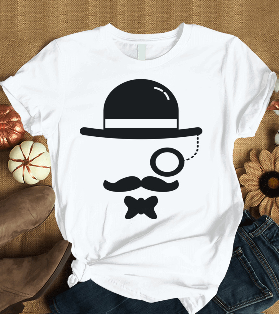 Hipster Bowler Hat Mustache Monocle Bow Tie T-Shirt
