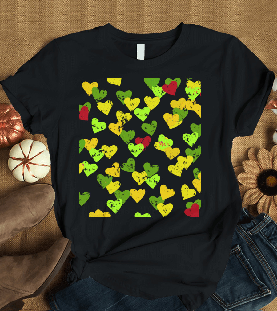 Autumn Hearts Pattern with Red Green Yellow Seasonal T-Shirt