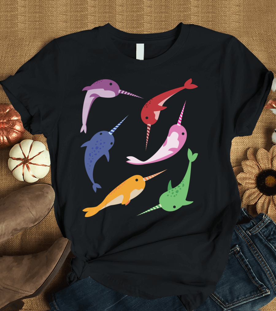 Whaley Cool Colorful Narwhal Cartoon Design Multicolor Unicorn Whales T-Shirt