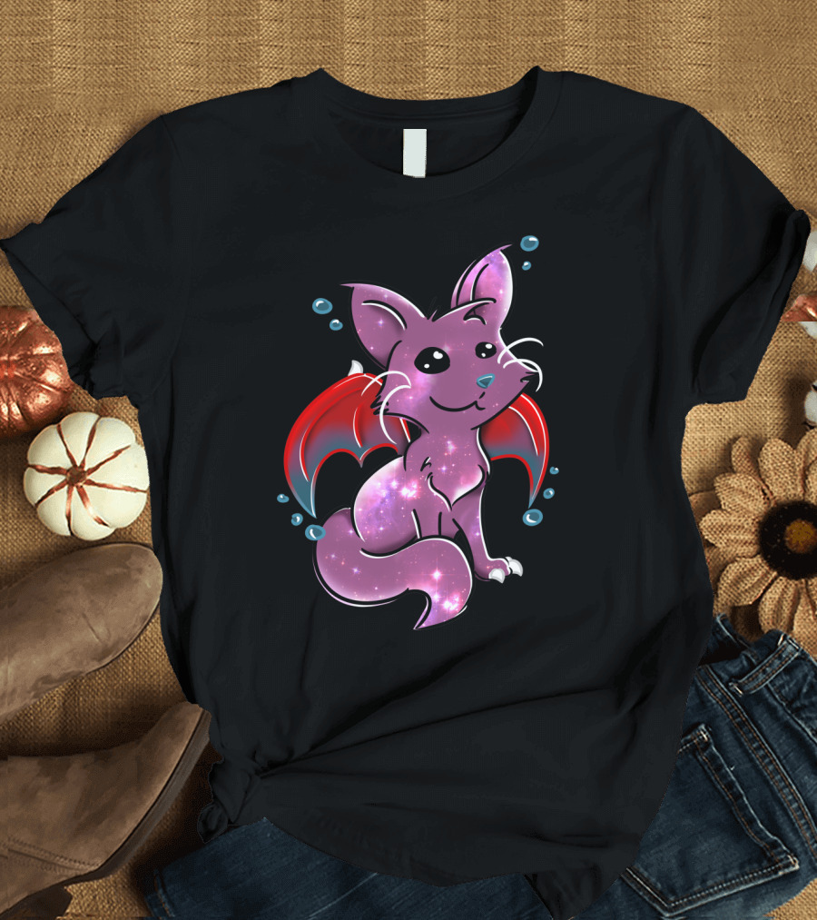 The Tale of Runivir Galactic Cat with Galaxy Fur and Red Bat Wings T-Shirt