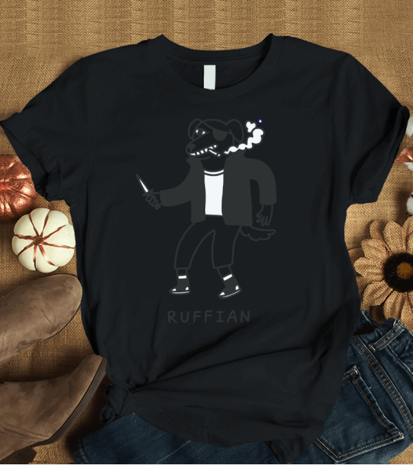 T-Shirt: Ruffian Smoking Cartoon Dog with Knife and Jacket T-Shirt Ruffian Smoking Cartoon Dog with Knife and Jacket T-Shirt
