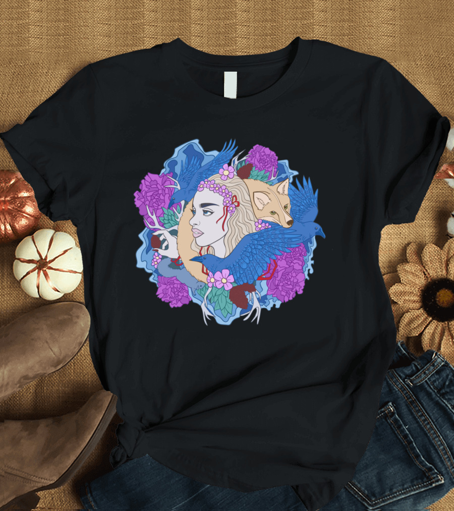 Forest Circle: Enchanted Woman with Fox, Blue Birds, and Flowers T-Shirt
