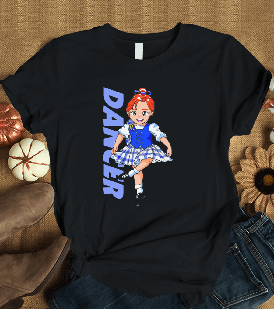 DANCER Irish Step Dance Girl in Blue Dress with Red Hair and Black Shoes T-Shirt