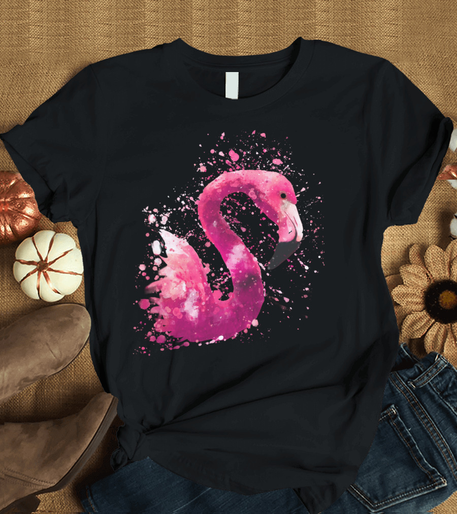 Flamingo Pink Watercolor Artistic Bird Splatter Animal Painting T-Shirt