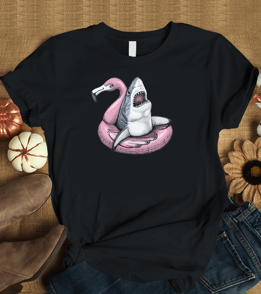 Ahhhhh. Time to Relax with Flamingo and Shark in Inflatable Pool Float (Color Version) T-Shirt