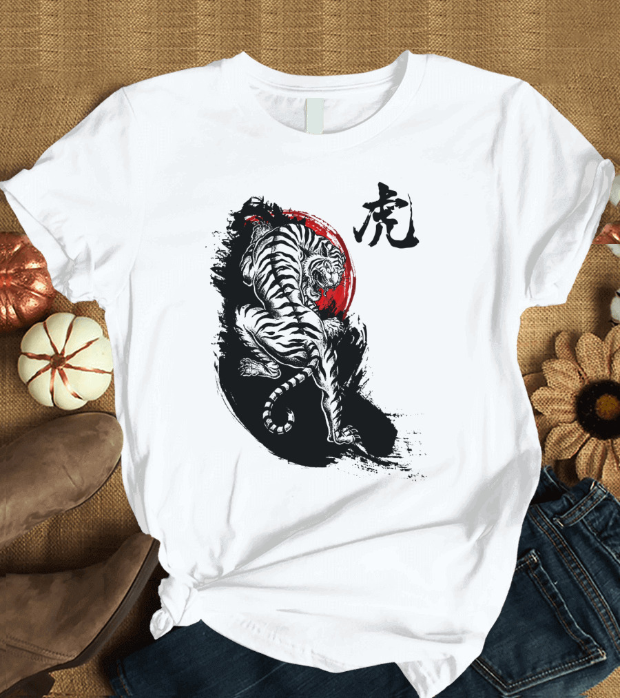 Japanese Tiger Kanji Art Red Sun Contrast T-Shirt