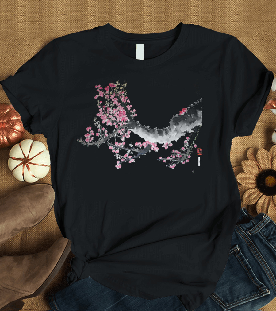 Flowering Tree Branch Traditional Asian Brush Painting with Calligraphy and Stamp T-Shirt