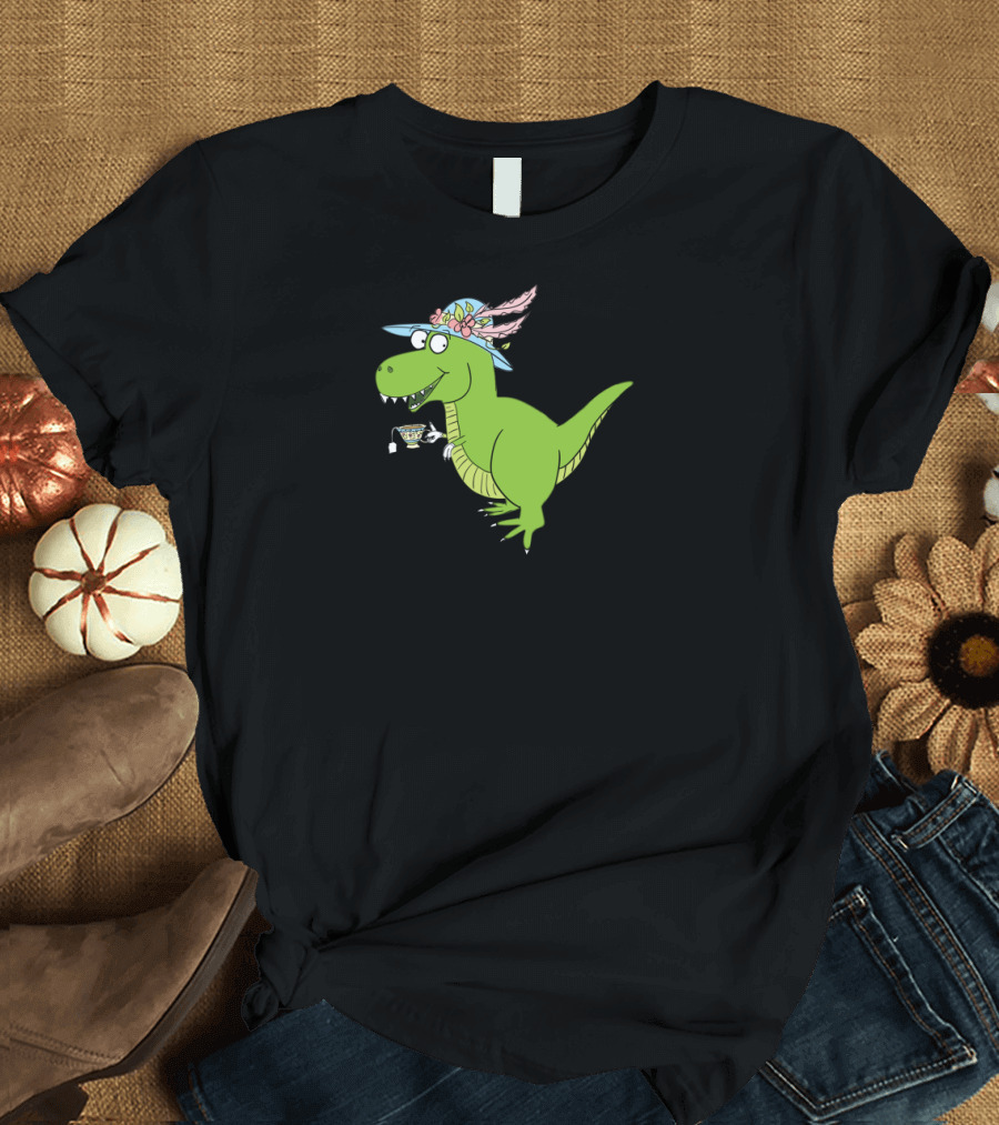 Tea Rex Tyrannosaurus Rex Dinosaur in Hat Drinking Tea T-Shirt