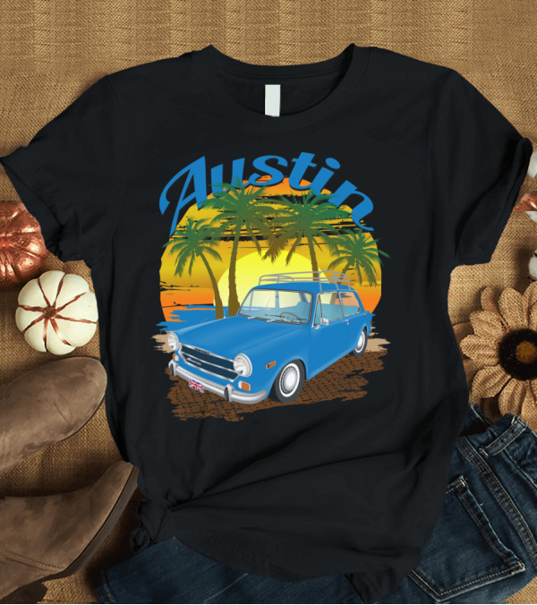 T-Shirt: Austin Scenic Sunset Classic Blue Car with Palm Trees and UK Flag T-Shirt Austin Scenic Sunset Classic Blue Car with Palm Trees and UK Flag T-Shirt