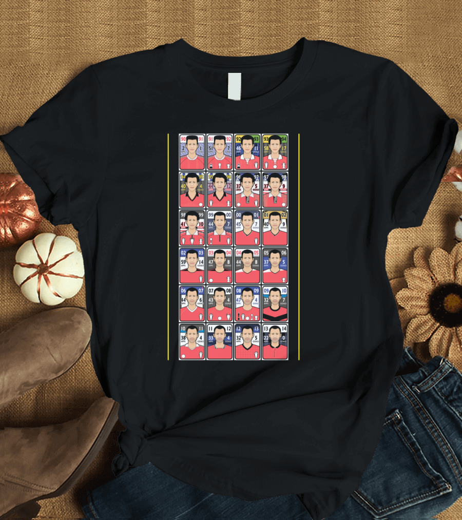 Football Card Collection with Sequential Player Numbers in Red Jerseys T-Shirt