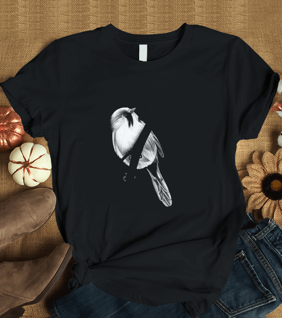 Bearded Reedling Ink Drawing on Branch - Monochrome Bird T-Shirt