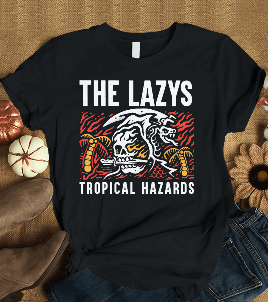 The Lazys Tropical Hazards Skull and Palm Trees Illustration in Red and Yellow T-Shirt