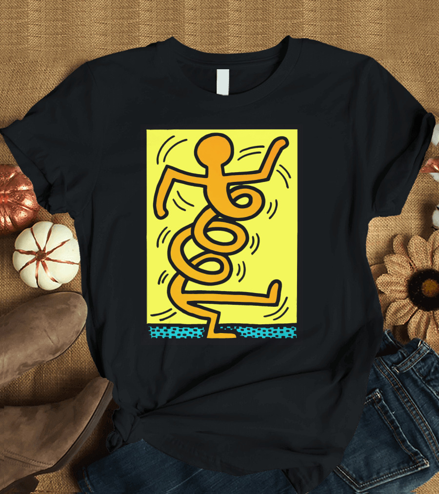 Dancing Spiral Figure with Vibrant Yellow and Blue Accents T-Shirt