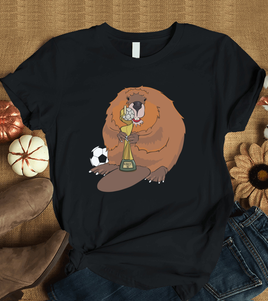 Beaver Holding Soccer Trophy with Eiffel Tower and Winner Text T-Shirt