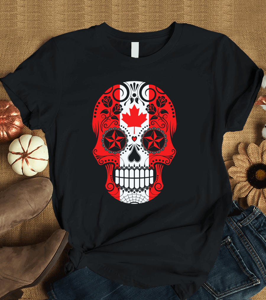 Canada Flag Sugar Skull with Roses and Maple Leaf T-Shirt