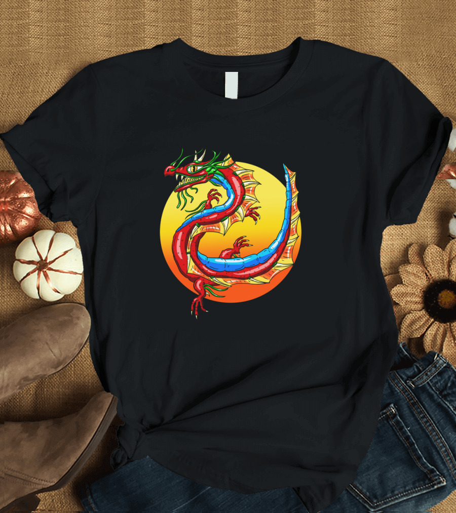 Colorful Chinese Dragon Coiling Against Sunset T-Shirt