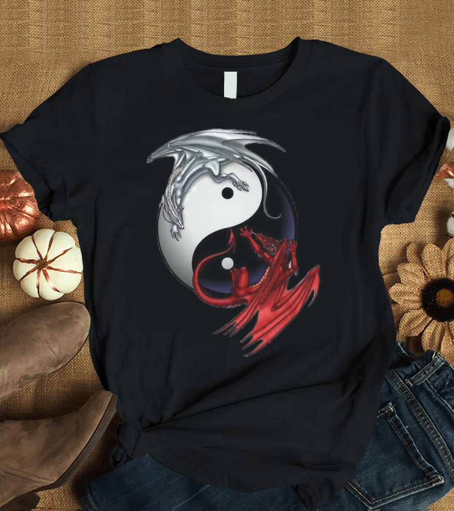 Yin and Yang Chinese Dragon Black and White Symbol with Red and Silver Dragons T-Shirt