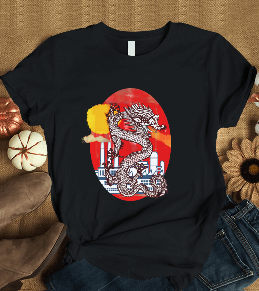 Dragon Over China Factory Skyline with Red and Yellow Background T-Shirt