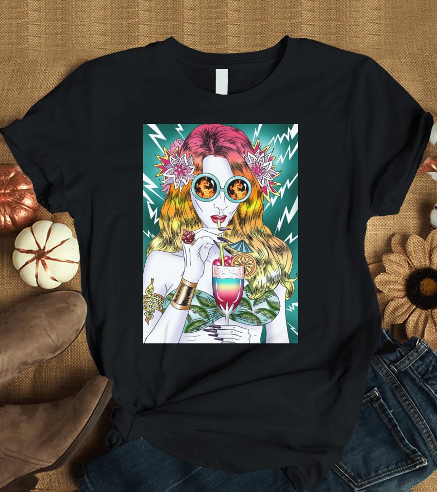 Beach Frenzy Fire Glasses Lightning Flower Hair Tropical Drink T-Shirt
