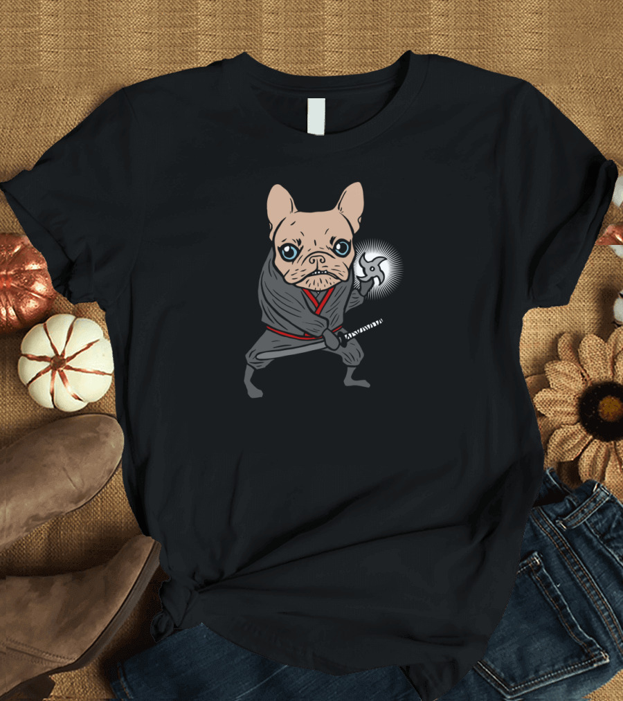 Frenchie Ninja Dog Wielding Katana and Shuriken in Martial Arts Pose T-Shirt