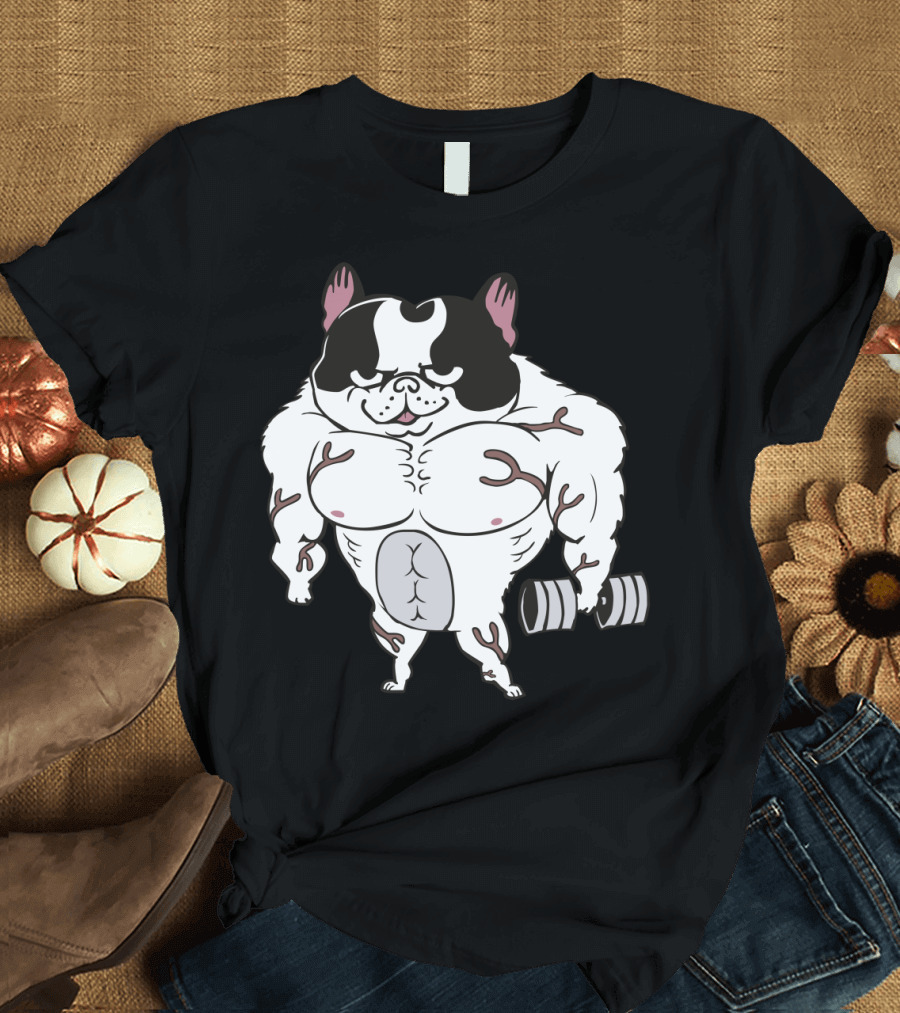 Buff Frenchie Lifting Dumbbell with Muscular Body and Cartoon T-Shirt