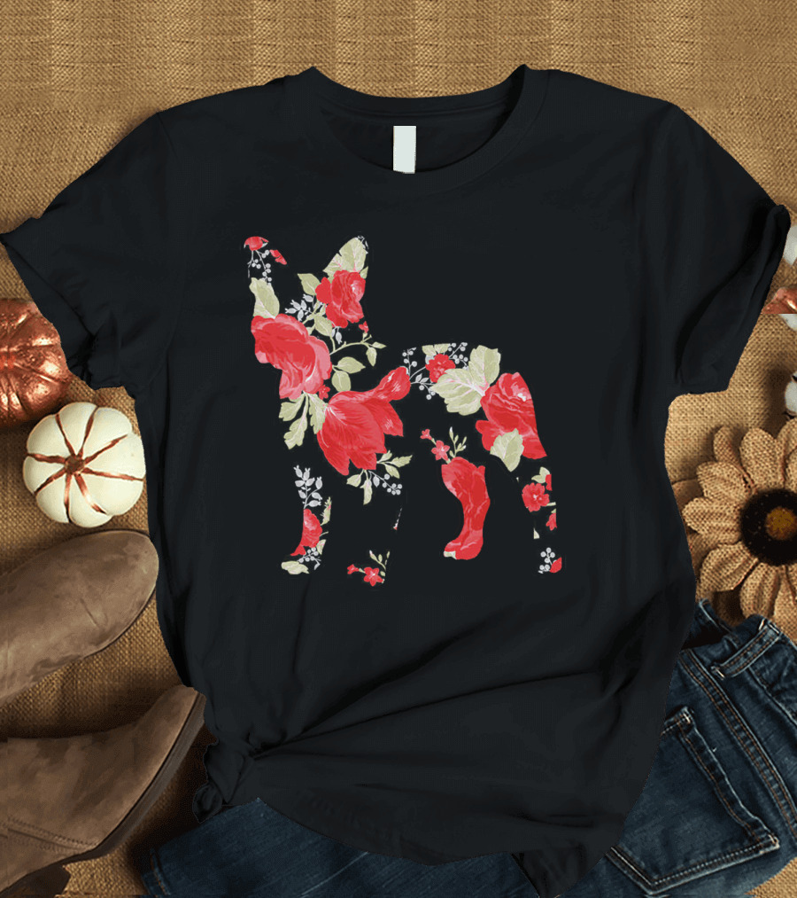 French Bulldog Silhouette Floral Pattern Red Roses T-Shirt