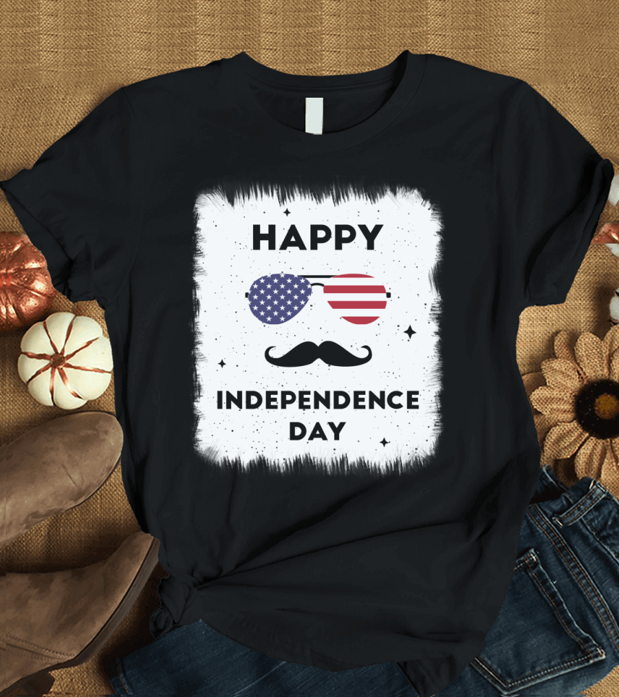 Happy Independence Day USA Flag Sunglasses Moustache T-Shirt