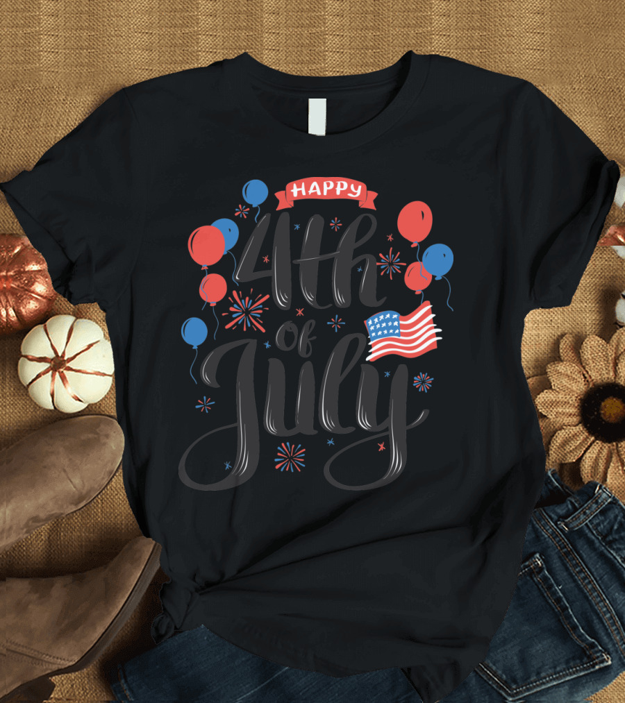 Happy 4th of July with Balloons and American Flag T-Shirt