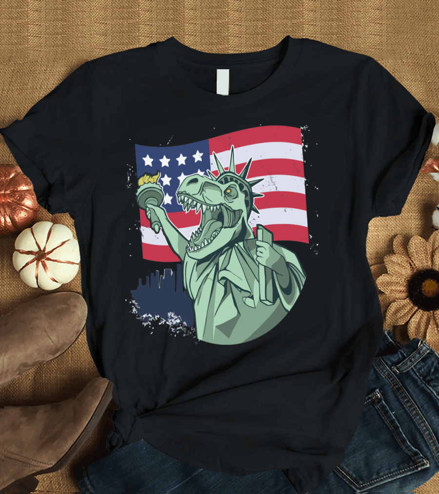 4th of July USA Flag Dinosaur Liberty Torch T-Shirt
