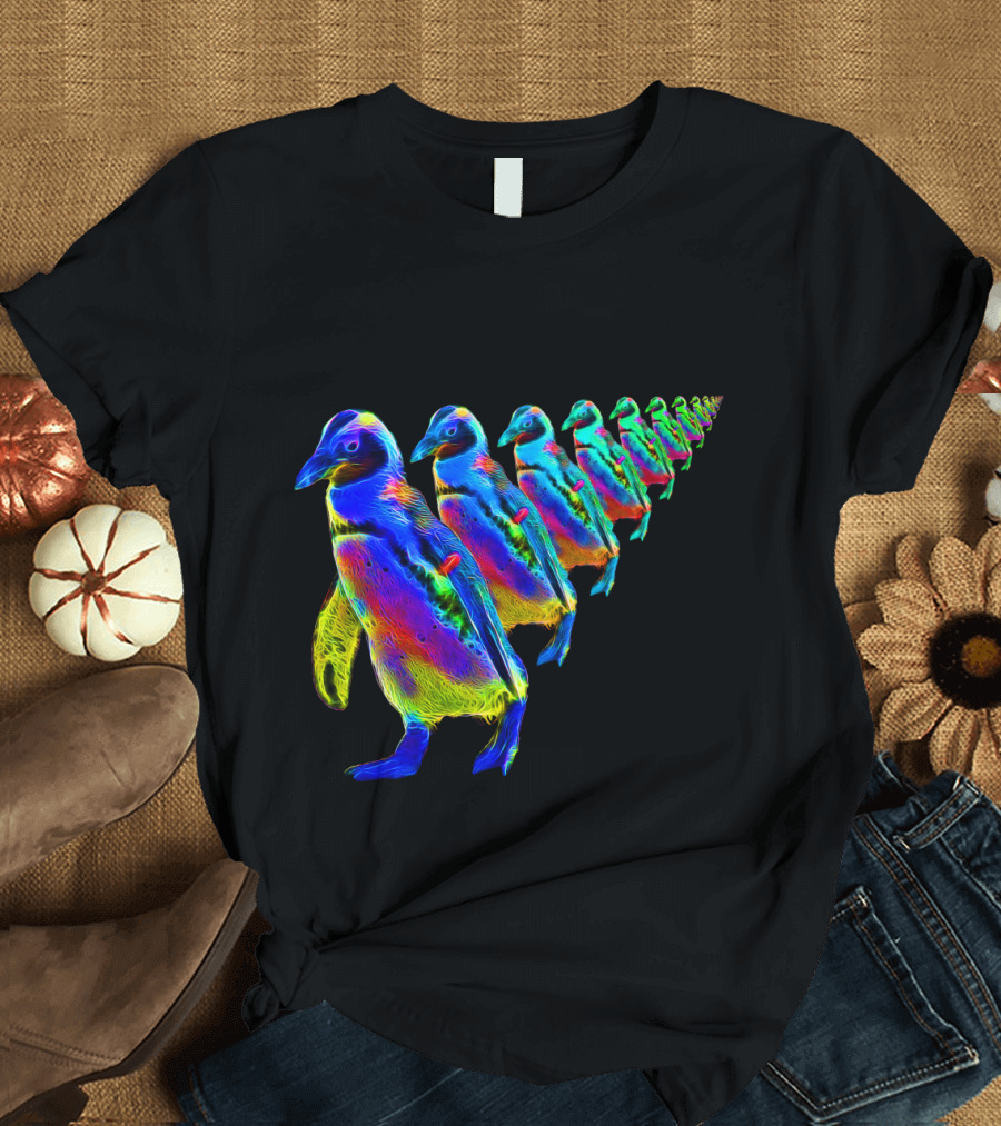 Psychedelic March of the Penguins Neon Parade T-Shirt