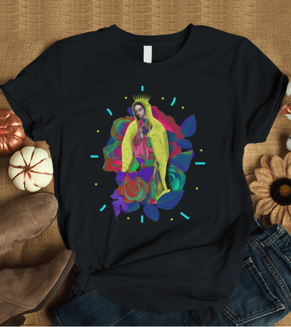 T-Shirt: Virgen Guadalupe Surrounded by Colorful Roses and Leaves T-Shirt Virgen Guadalupe Surrounded by Colorful Roses and Leaves T-Shirt