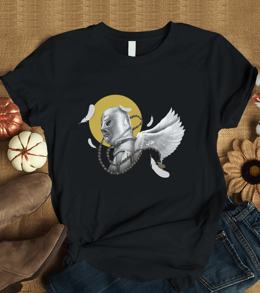 El Santo Luchador with Angel Wings and Feathers in Front of Yellow Circle T-Shirt