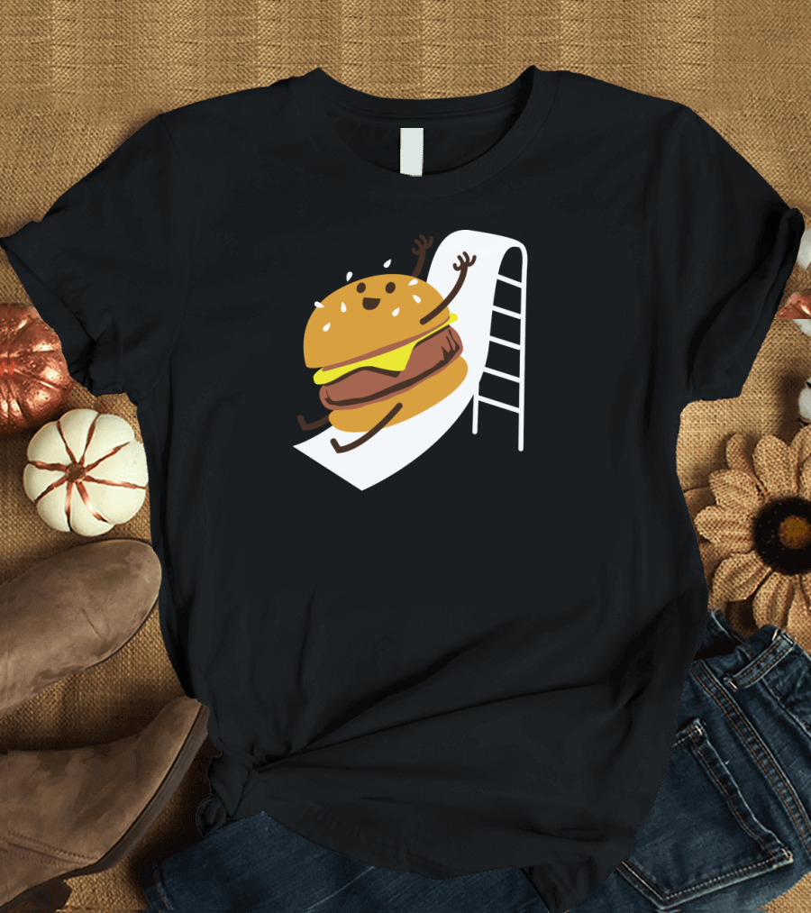 Smiling Slider Burger Riding Down Playground Slide Fun T-Shirt