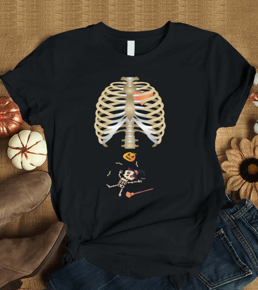 Ribcage Skeleton Pumpkin with Witch Hat and Broom Halloween T-Shirt