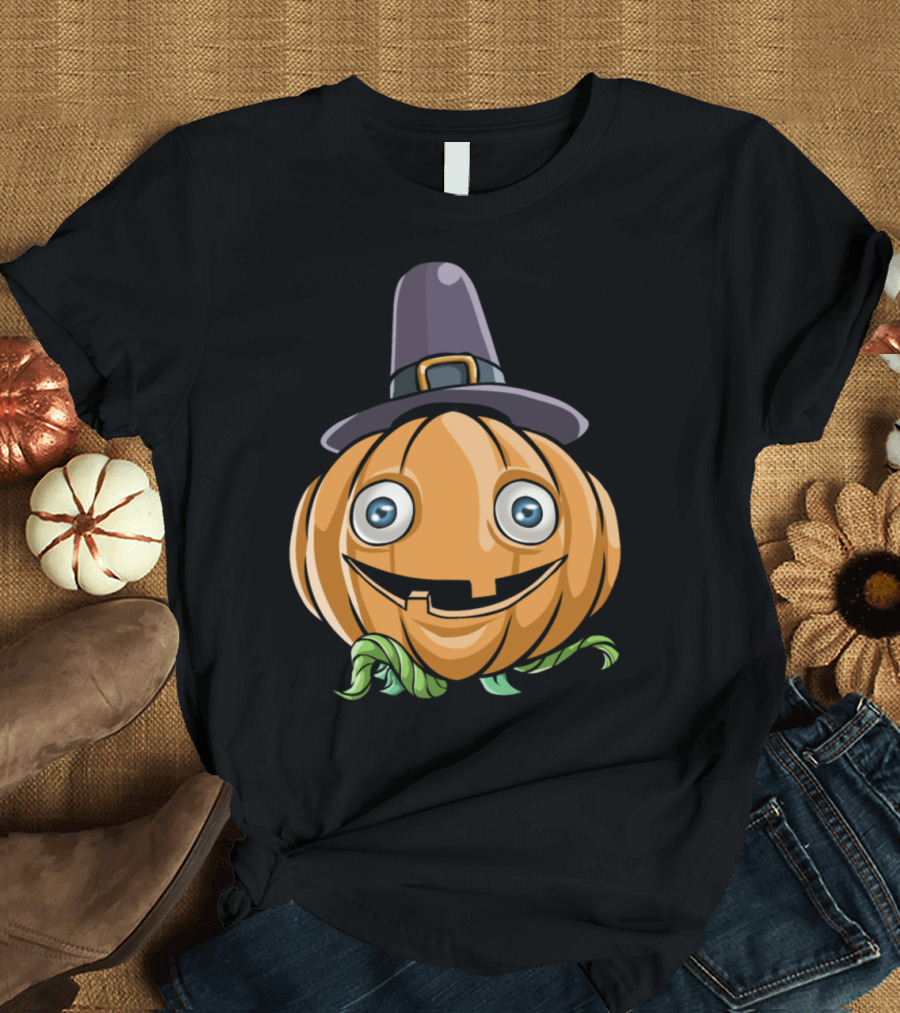 Thanksgiving Pumpkin Cartoon with Pilgrim Hat T-Shirt