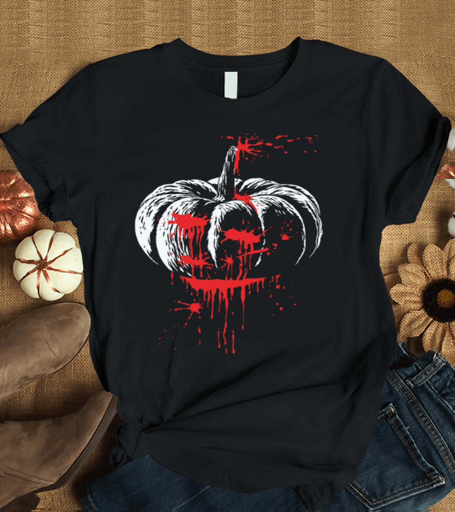 Halloween Bloody Pumpkin Graphic with Dripping Blood Effect T-Shirt