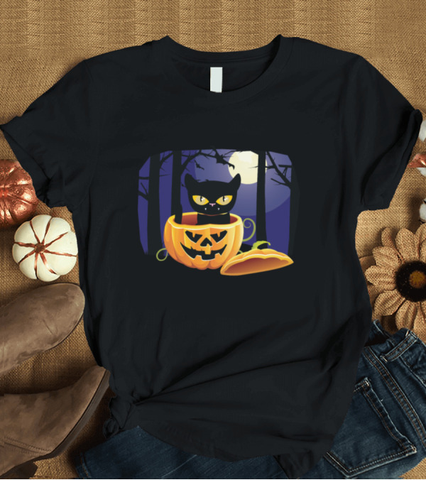 T-Shirt: Black Cat in Pumpkin on Halloween Night with Jack O Lantern T-Shirt Black Cat in Pumpkin on Halloween Night with Jack O Lantern T-Shirt
