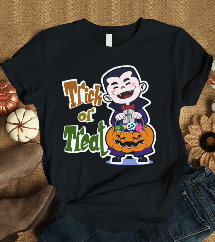 Trick or Treat Kids Pumpkin Vampire with Halloween Candy T-Shirt