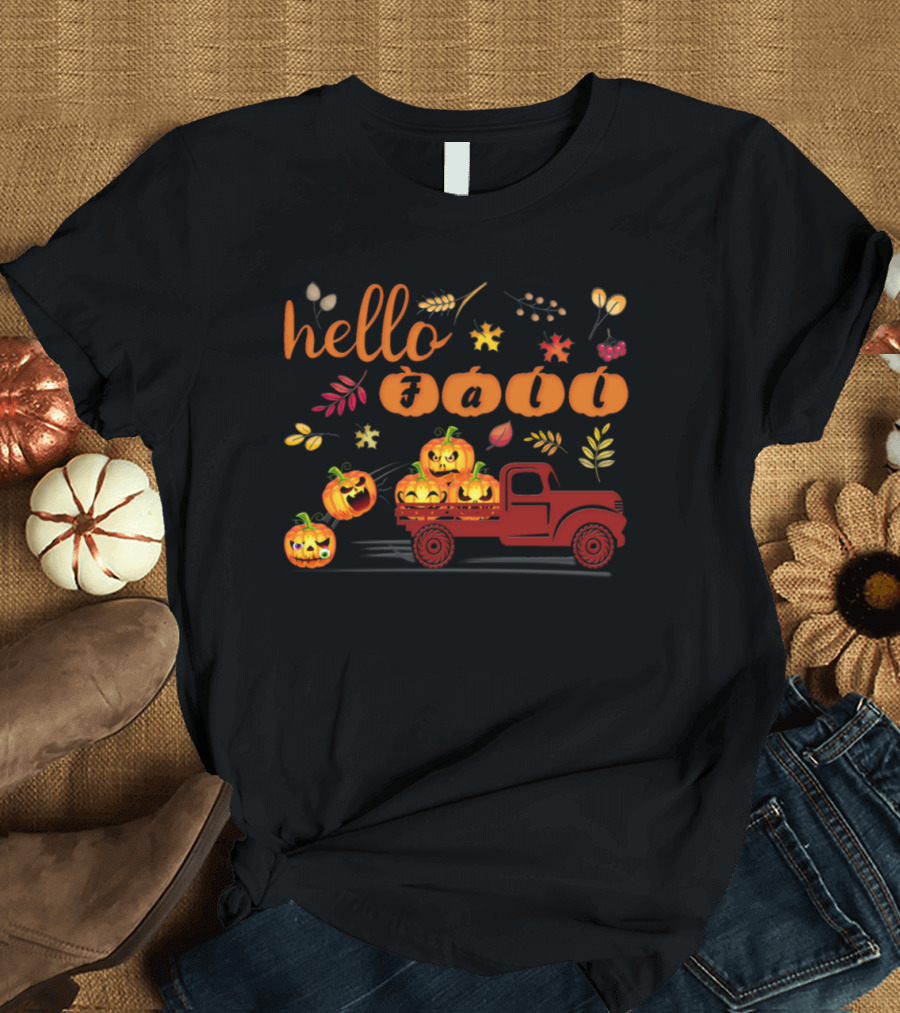 Hello Fall Pumpkin Truck with Funny Faces and Autumn Leaves T-Shirt