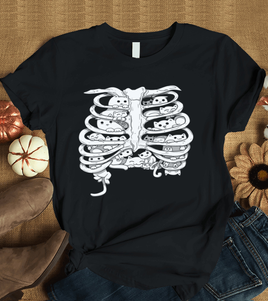 Many Cats Inside Ribcage Skeleton T-Shirt